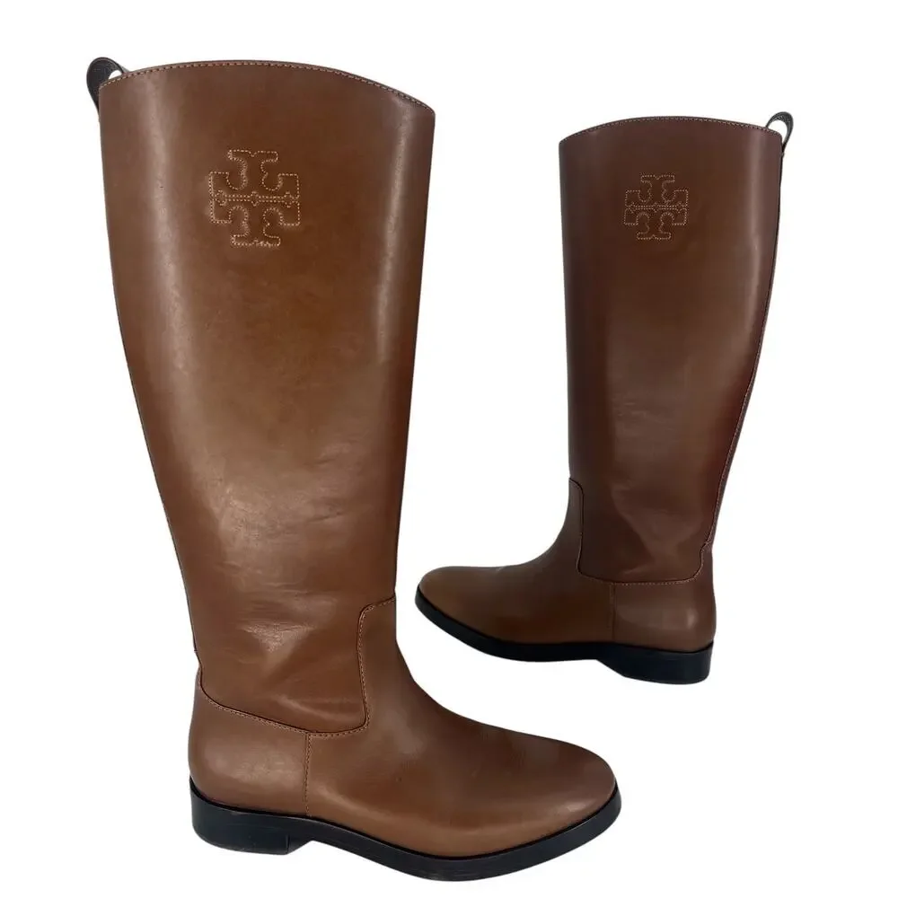 Tory Burch Riding‎ Logo Embossed Leather Knee High Boots Brown 10.5